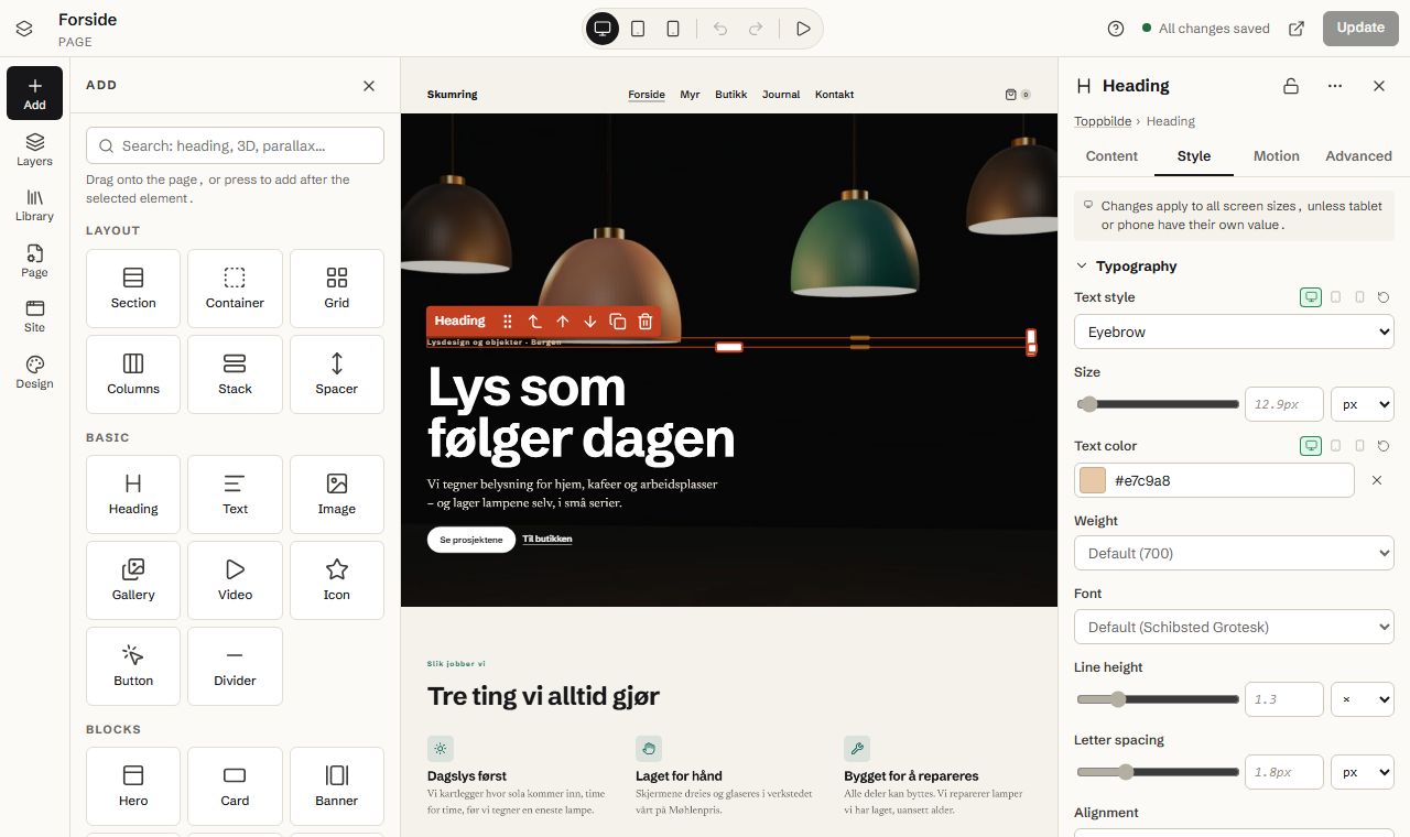 The Midground editor with the page in the middle, elements on the left and settings on the right.