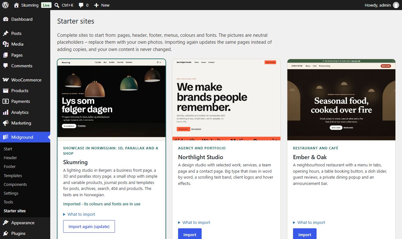 The Starter sites screen with six ready-made websites to import.