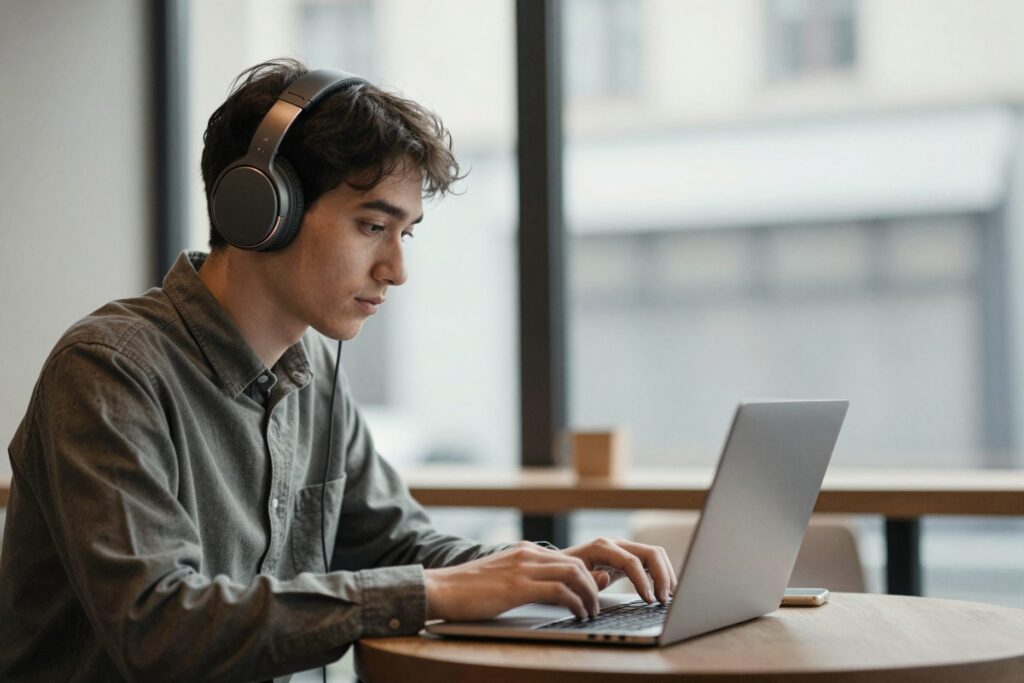 A young man wearing headphones, working on a laptop in a quiet café.