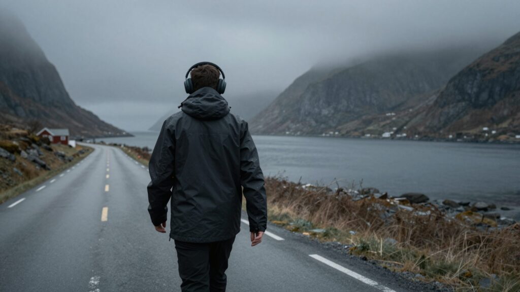 A person in a rain jacket wearing headphones, walking along a windswept coastal road.