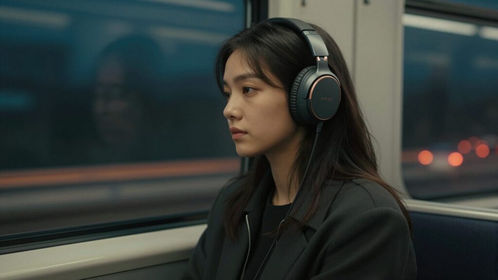 A woman wearing headphones by the window of a night train, city lights streaking past.