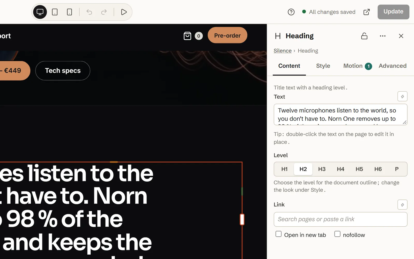The Midground editor with a heading selected and its settings open.