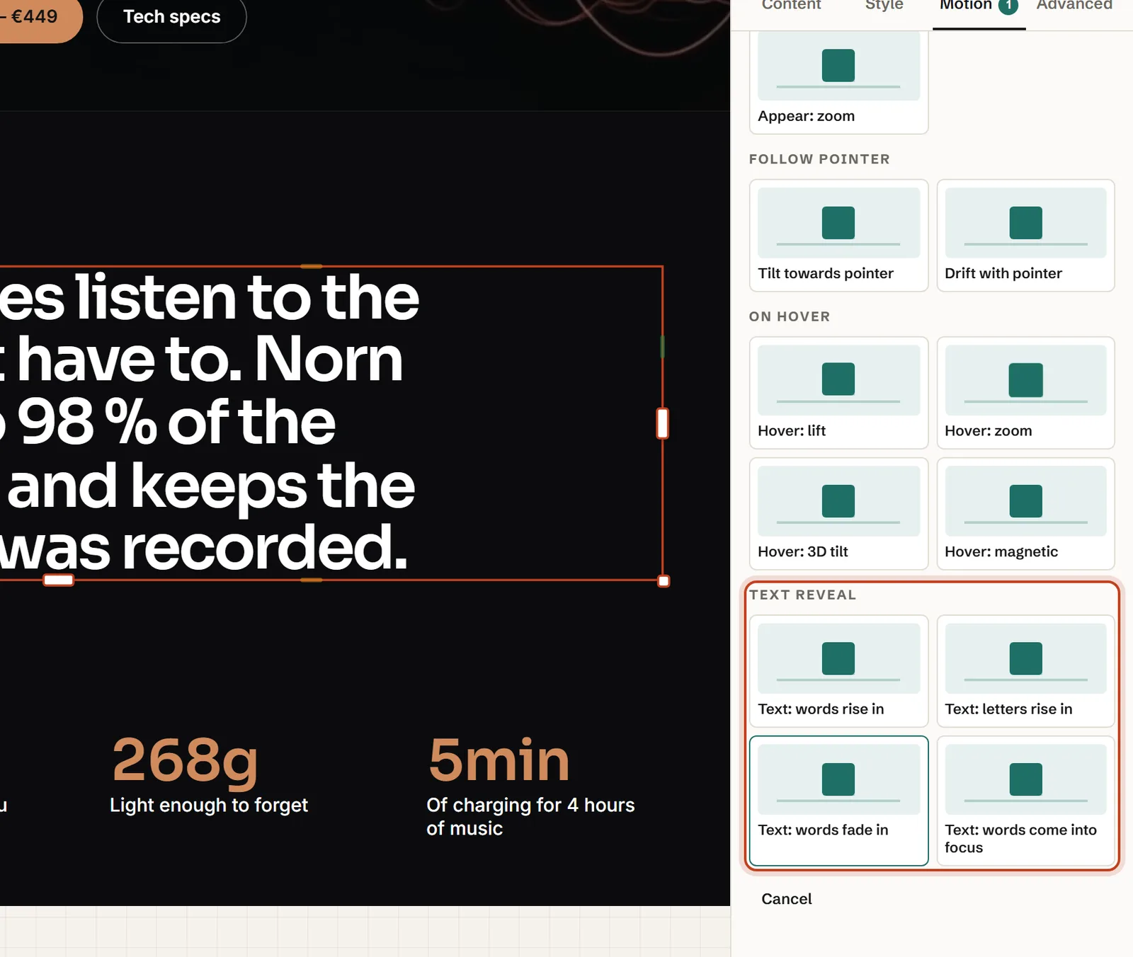The Motion tab’s Text reveal group: words rise in, letters rise in, words fade in and words come into focus.